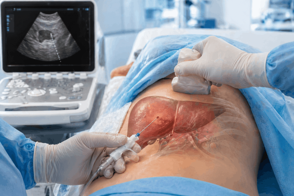 Liver biopsy procedure showing needle insertion into liver under ultrasound guidance in a clinical setting