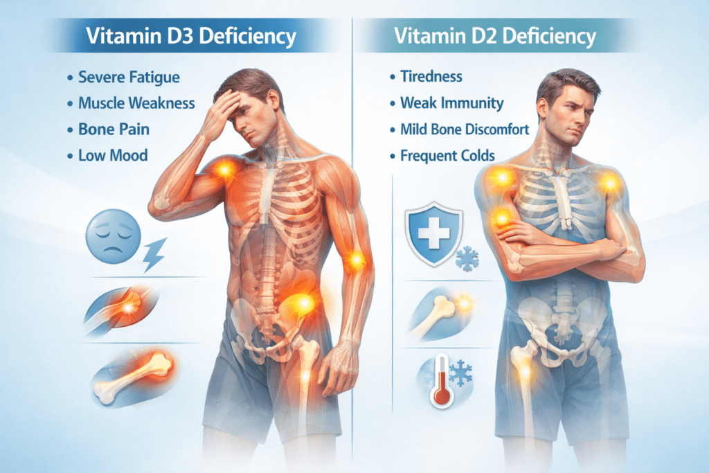 Comparison of Vitamin D3 and D2 deficiency symptoms including fatigue, bone pain, and muscle weakness
