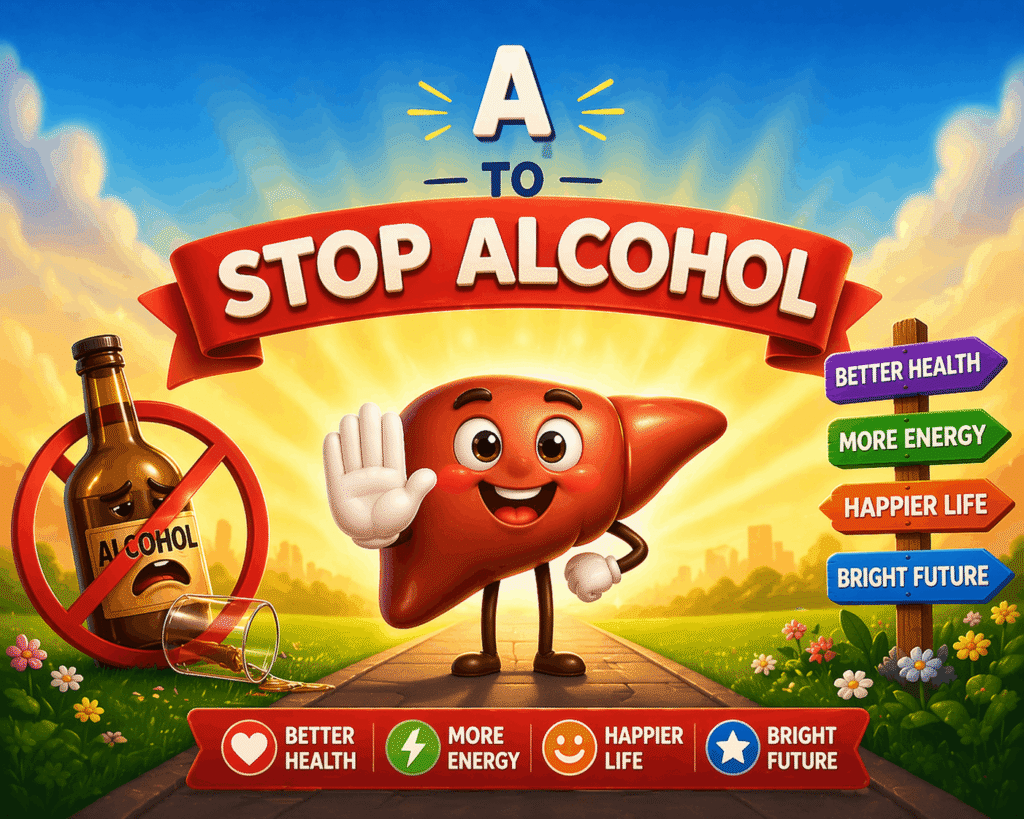 Colorful cartoon liver character promoting “Stop Alcohol” with a no-alcohol sign and health benefits like better energy and a brighter future
