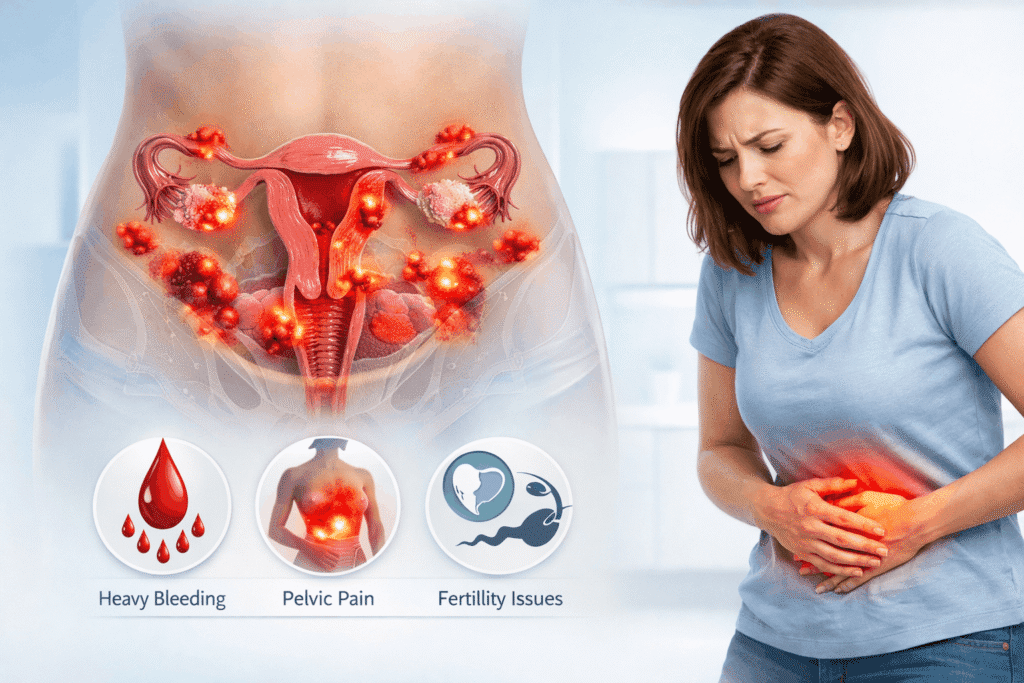 High-definition medical illustration of endometriosis showing abnormal tissue growth, pelvic pain, heavy menstrual bleeding, and fertility issues in female reproductive system
