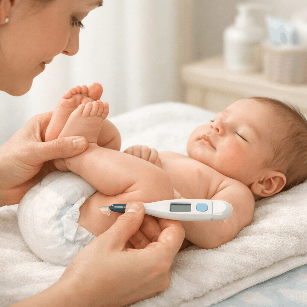 Newborn baby temperature being checked safely with a digital rectal thermometer by a caregiver