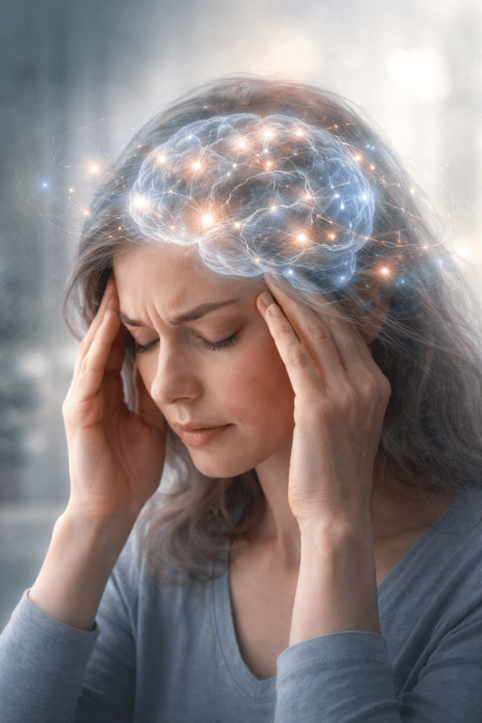 Conceptual illustration of brain fog with semi-transparent human head and blurred neural connections, representing cognitive effects of long COVID