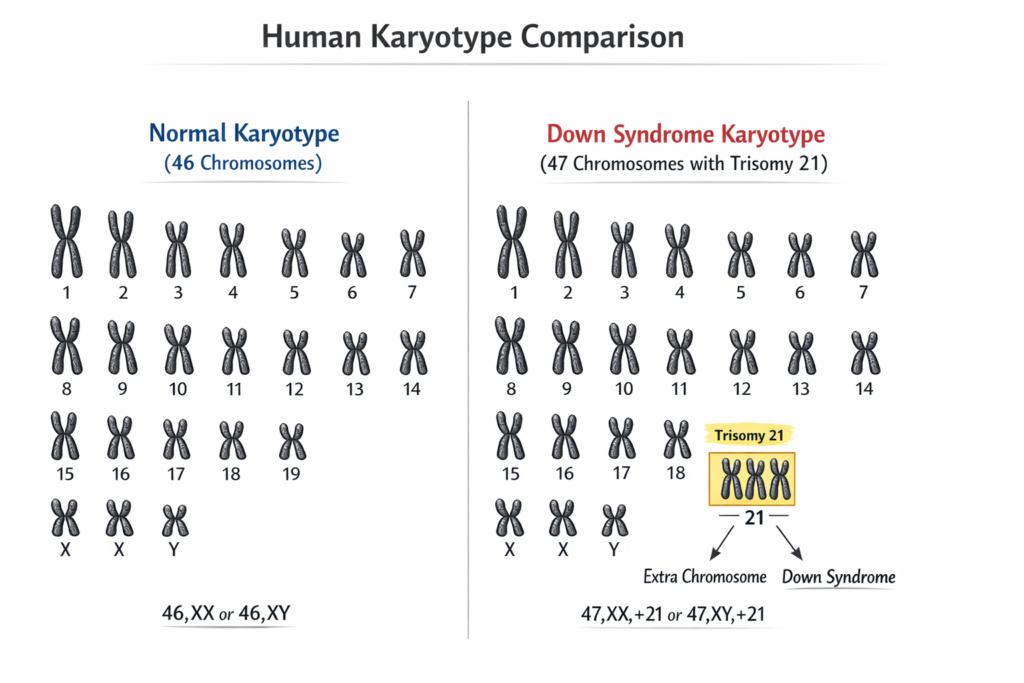 Comparison of normal and trisomy 21 karyotype