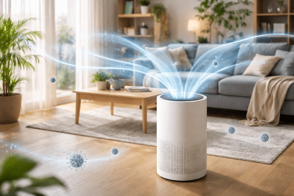 Modern home interior with air purifier running and clean airflow visualization, sunlight through window showing healthy indoor environment for virus prevention