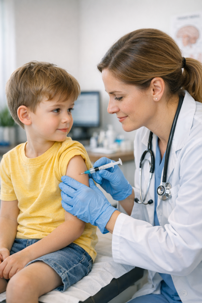 Doctor administering meningitis vaccine to child in clinic for infection prevention