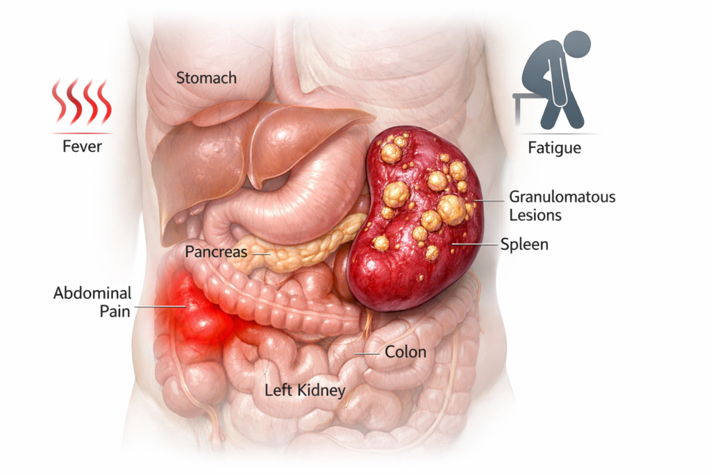 Ultra-realistic medical illustration of the human abdomen showing the spleen with granulomatous lesions, inflamed nodules, and symptoms like fever, fatigue, and abdominal pain highlighted.