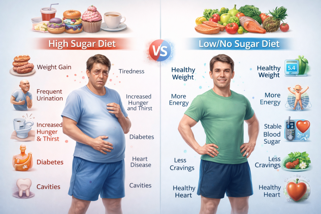 Side-by-side comparison of a diabetic patient showing fatigue, weight gain, and frequent urination versus a healthy non-diabetic person with stable blood sugar, energy, and normal weight.