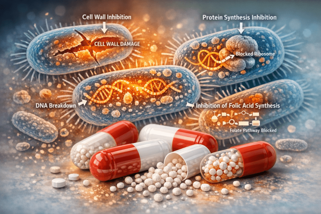 Antibiotics attacking bacteria illustration