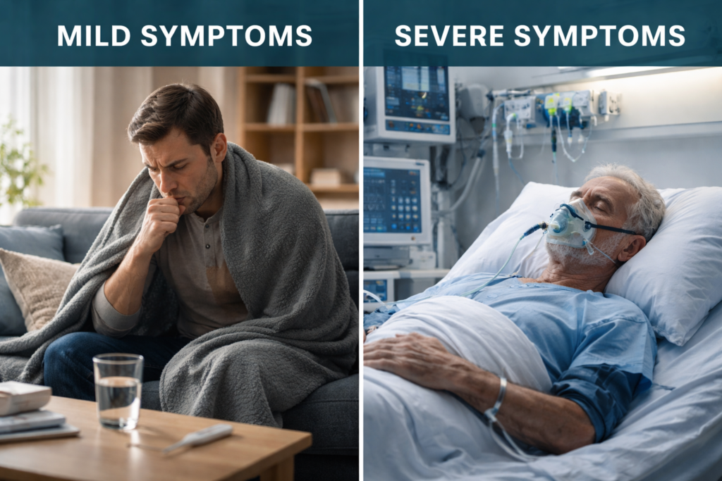 Split-screen comparison of mild COVID symptoms at home with cough and fatigue versus severe COVID patient in hospital on oxygen support, medical awareness concept
