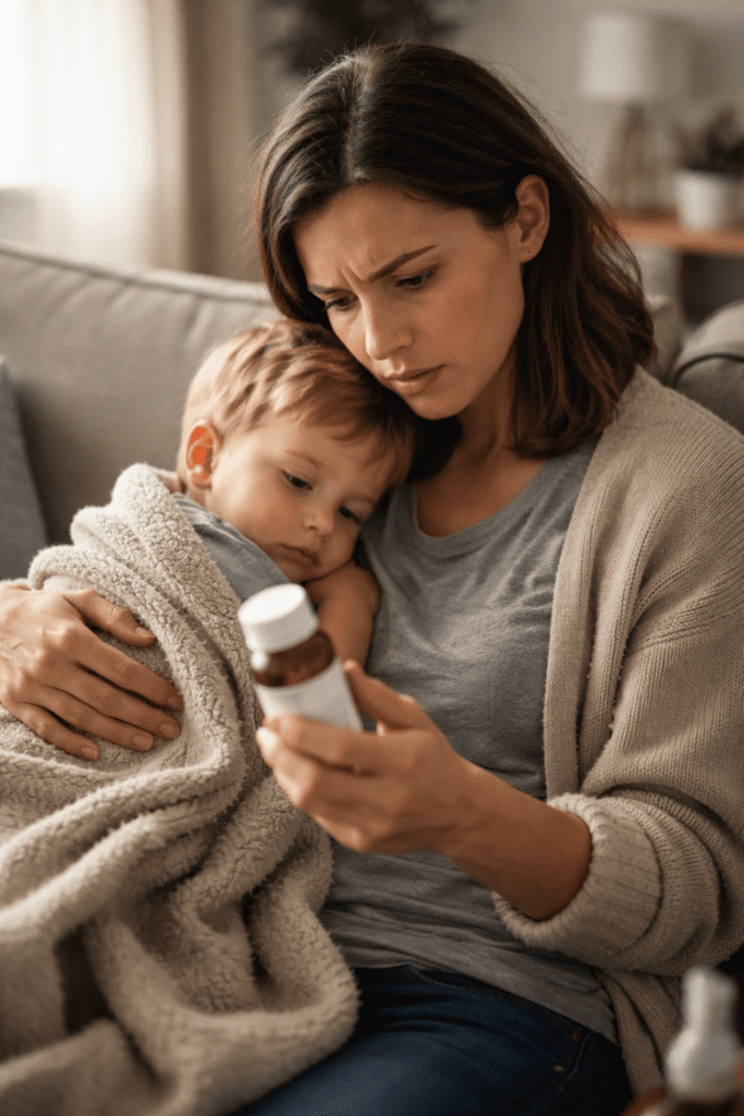Parent checking ibuprofen label for recall information
