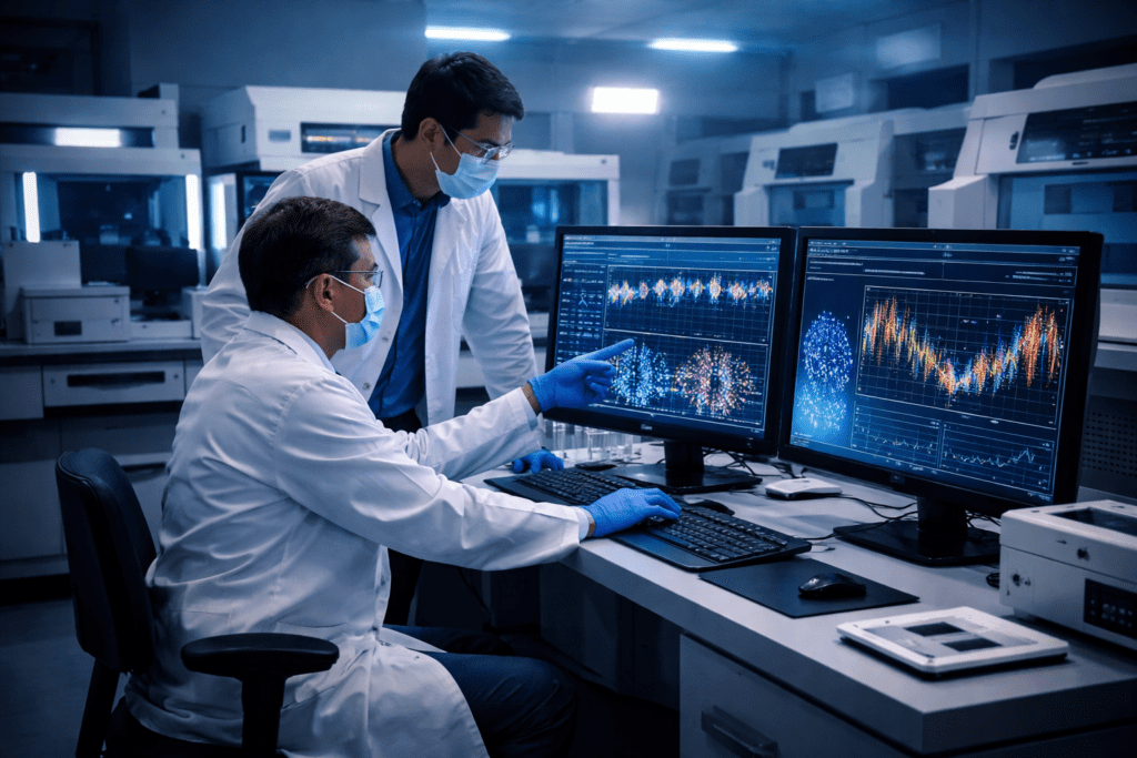 Scientists performing genomic sequencing to identify mutated viral strain