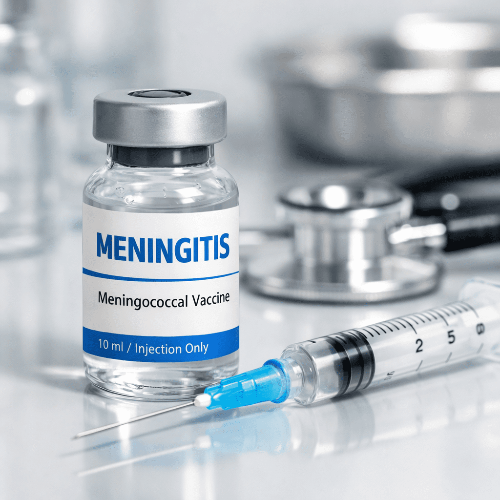 Meningitis vaccine vial with syringe in sterile medical environment