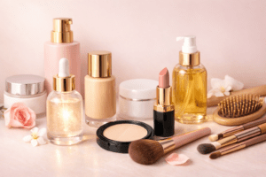 Beauty category banner featuring skincare, makeup, and haircare products with a glowing skin concept