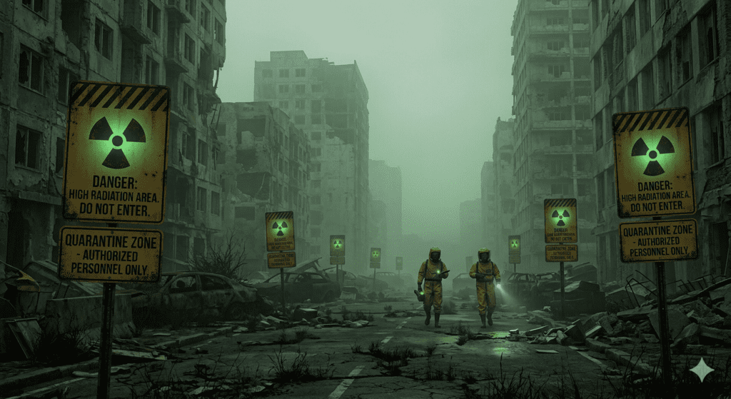 Radioactive fallout zone with abandoned buildings and warning signs