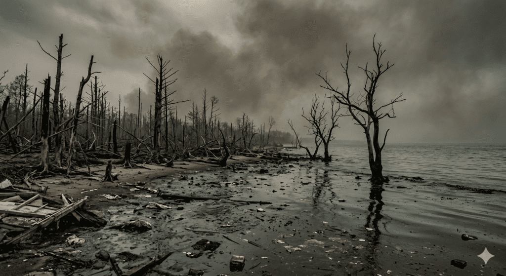 Collapsed ecosystem with dead forest and polluted ocean