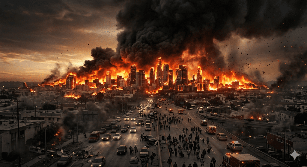 Massive firestorm spreading through a city after nuclear explosion