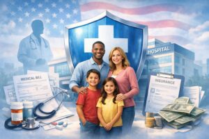 Health insurance in the United States concept showing family protected by a medical shield with hospital and financial documents in background