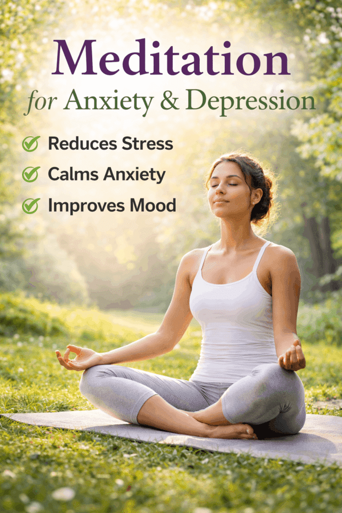 Woman meditating outdoors in a peaceful park to reduce anxiety, stress, and depression naturally