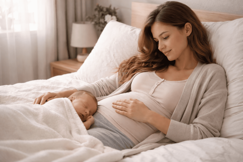 New mother resting comfortably on a bed with her newborn beside her
