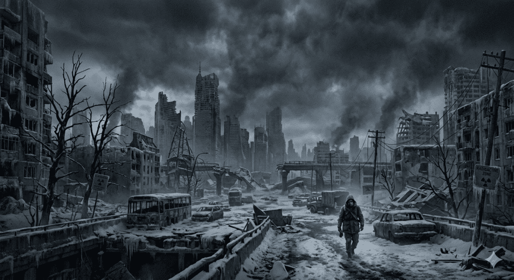 Frozen city under nuclear winter with dark skies and ash-covered streets