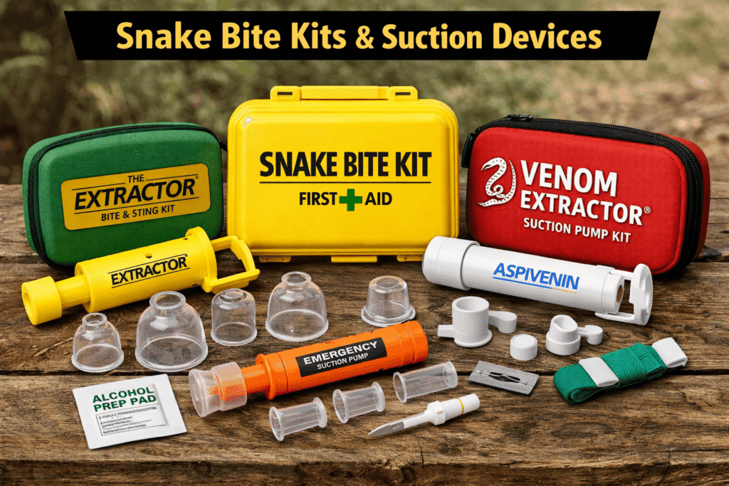 Snake bite kits with suction devices including venom extractor pumps and first aid tools arranged on a wooden surface