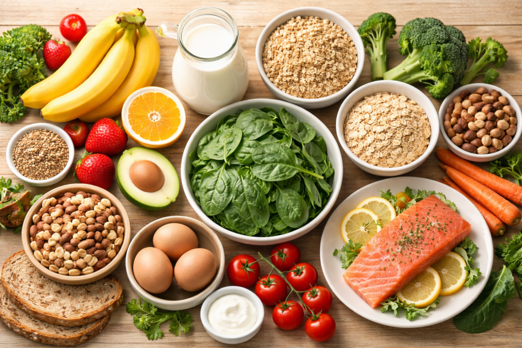 Top view of a healthy pregnancy diet setup including fruits, vegetables, milk, eggs, nuts, whole grains, and leafy greens arranged neatly on a wooden table