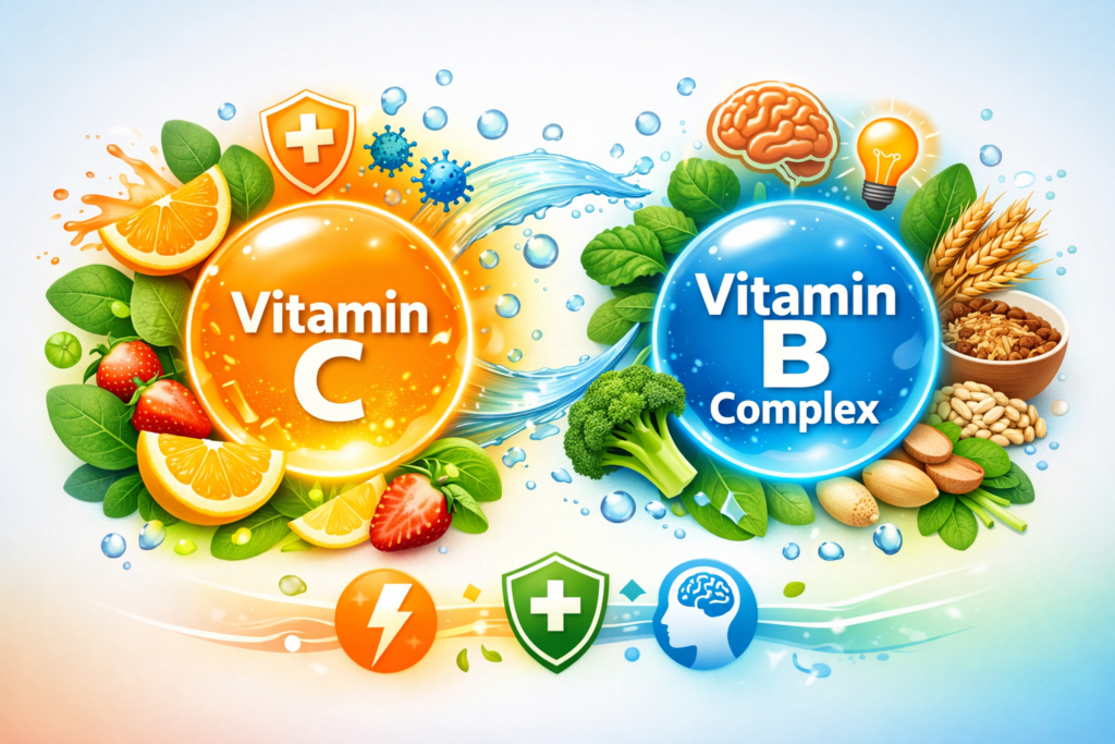 Water-soluble vitamins sources benefits and deficiency illustration