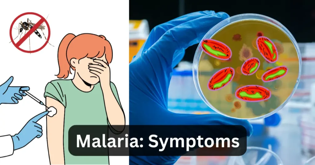 Visual representation of malaria symptoms, including fever, chills, and fatigue