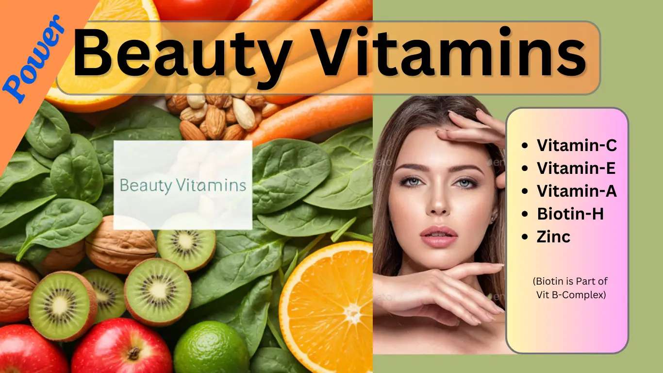 Various beauty vitamins and supplements in bottles and capsules.