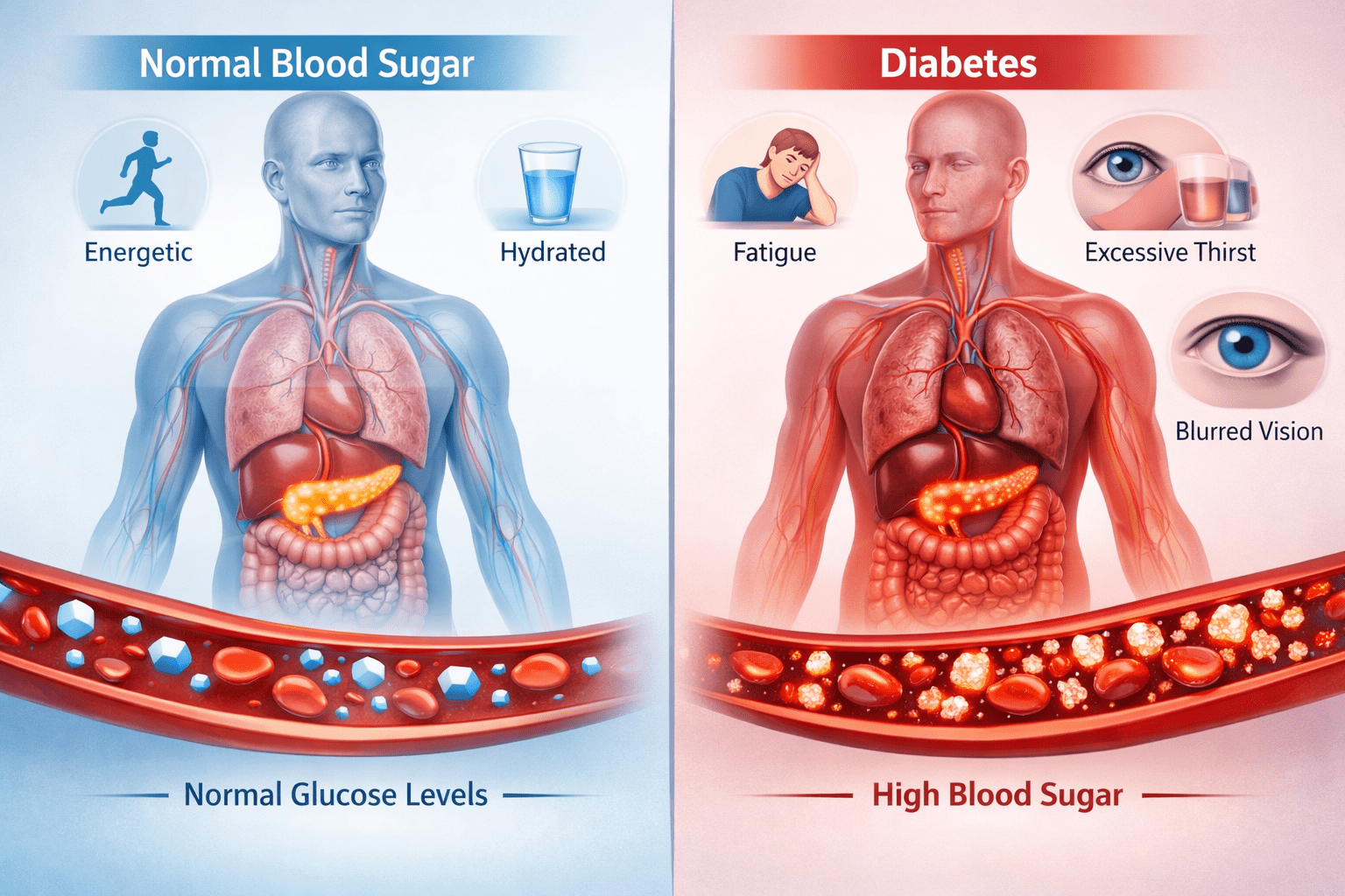 Diabetes vs normal blood sugar comparison showing pancreas function, glucose levels, and common symptoms like fatigue, thirst, and blurred vision