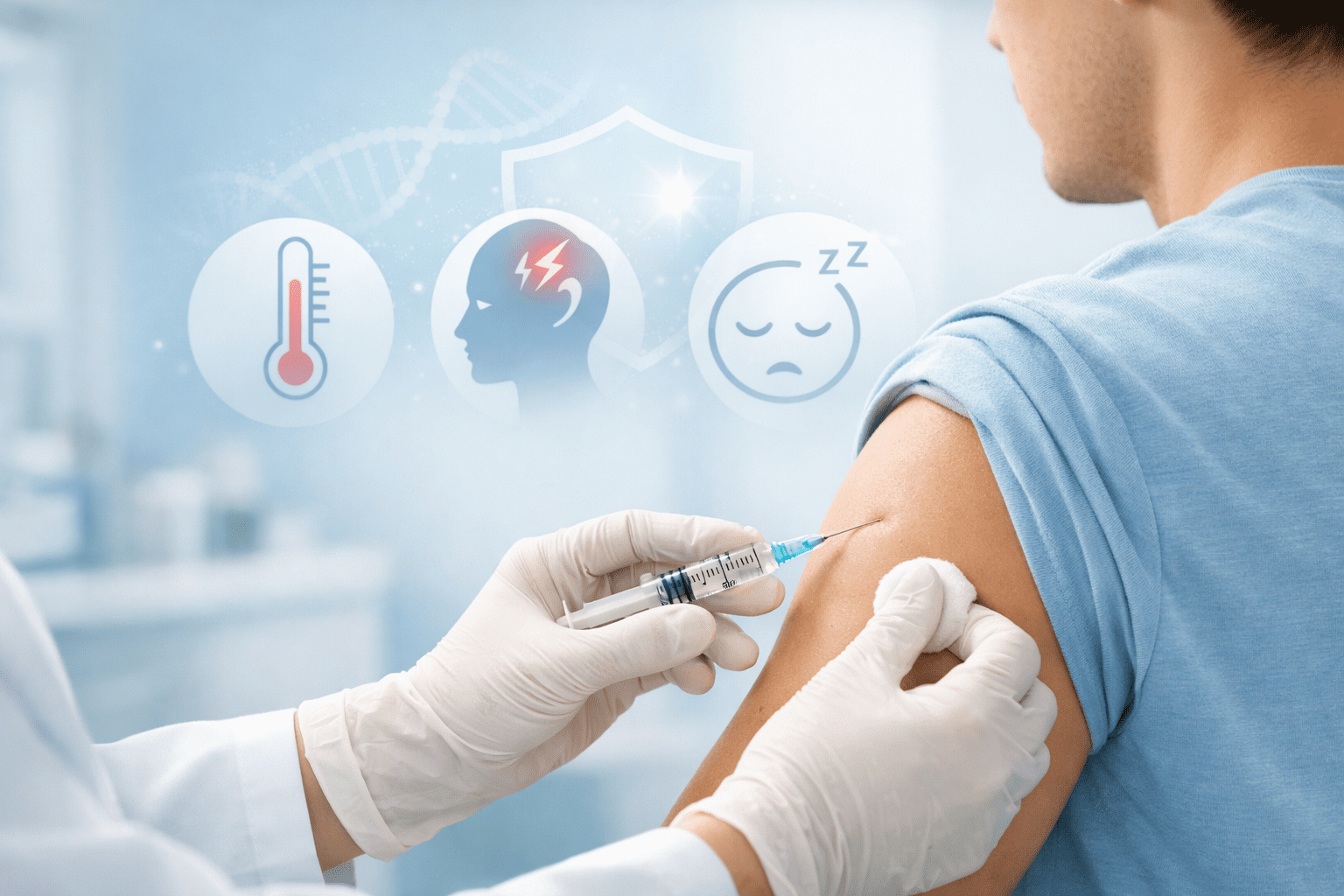 Typhoid vaccine injection with healthcare icons showing mild side effects like fever and fatigue.