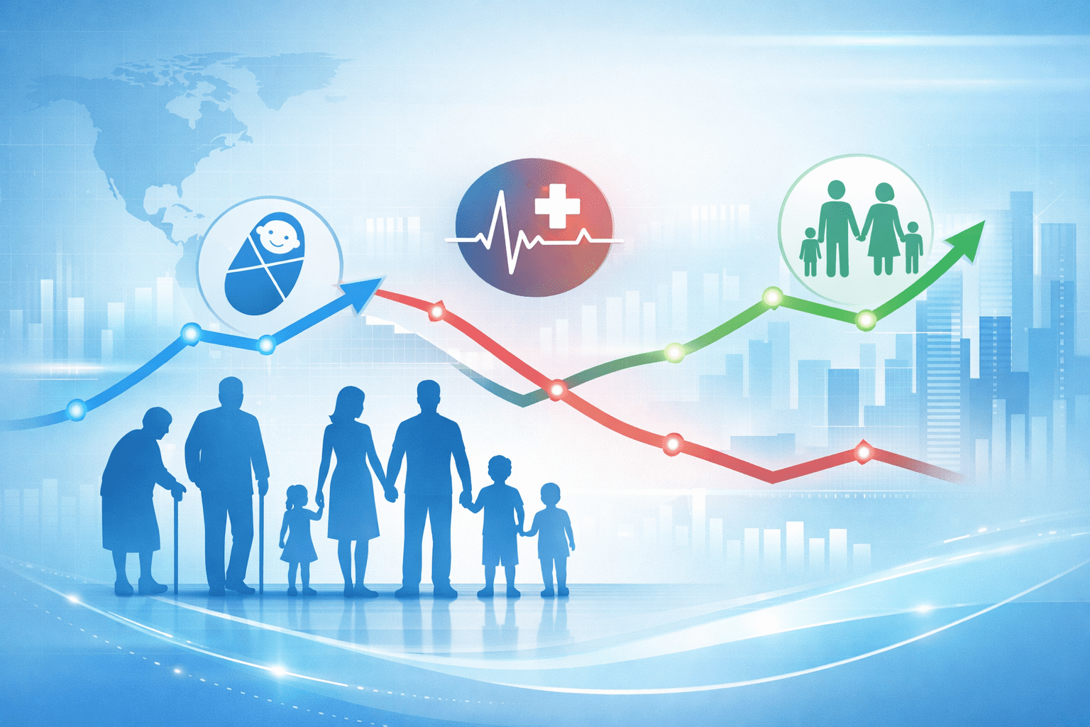 Infographic showing birth rate, mortality rate, and natality trends with population silhouettes and data graphs