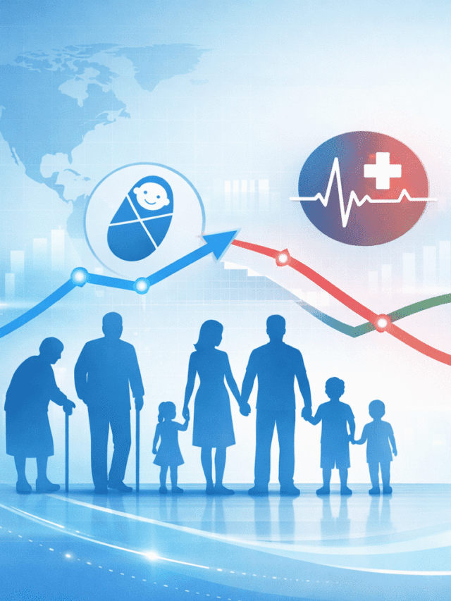 Infographic showing birth rate, mortality rate, and natality trends with population silhouettes and data graphs
