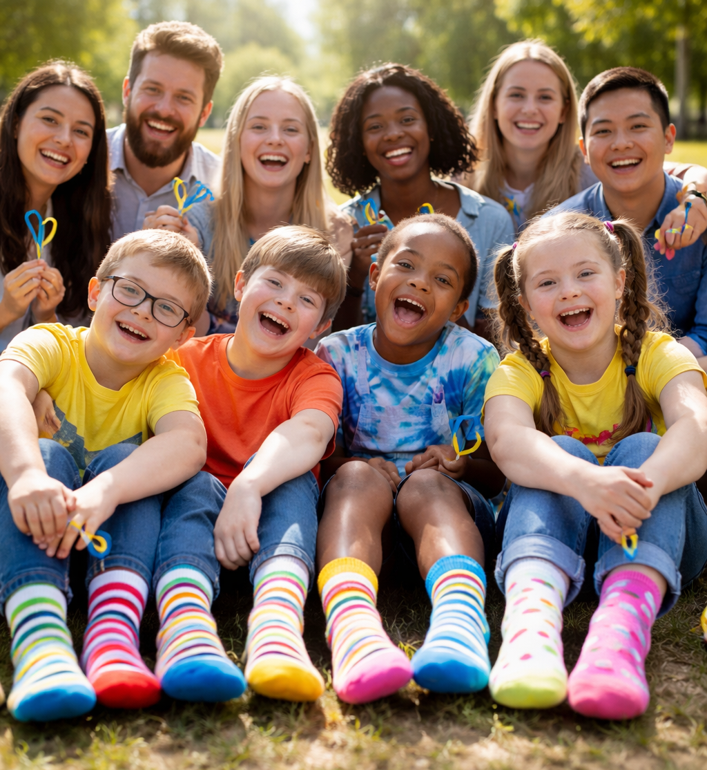 People wearing colorful socks celebrating inclusion and diversity Caption: Celebrating uniqueness on World Down Syndrome Day