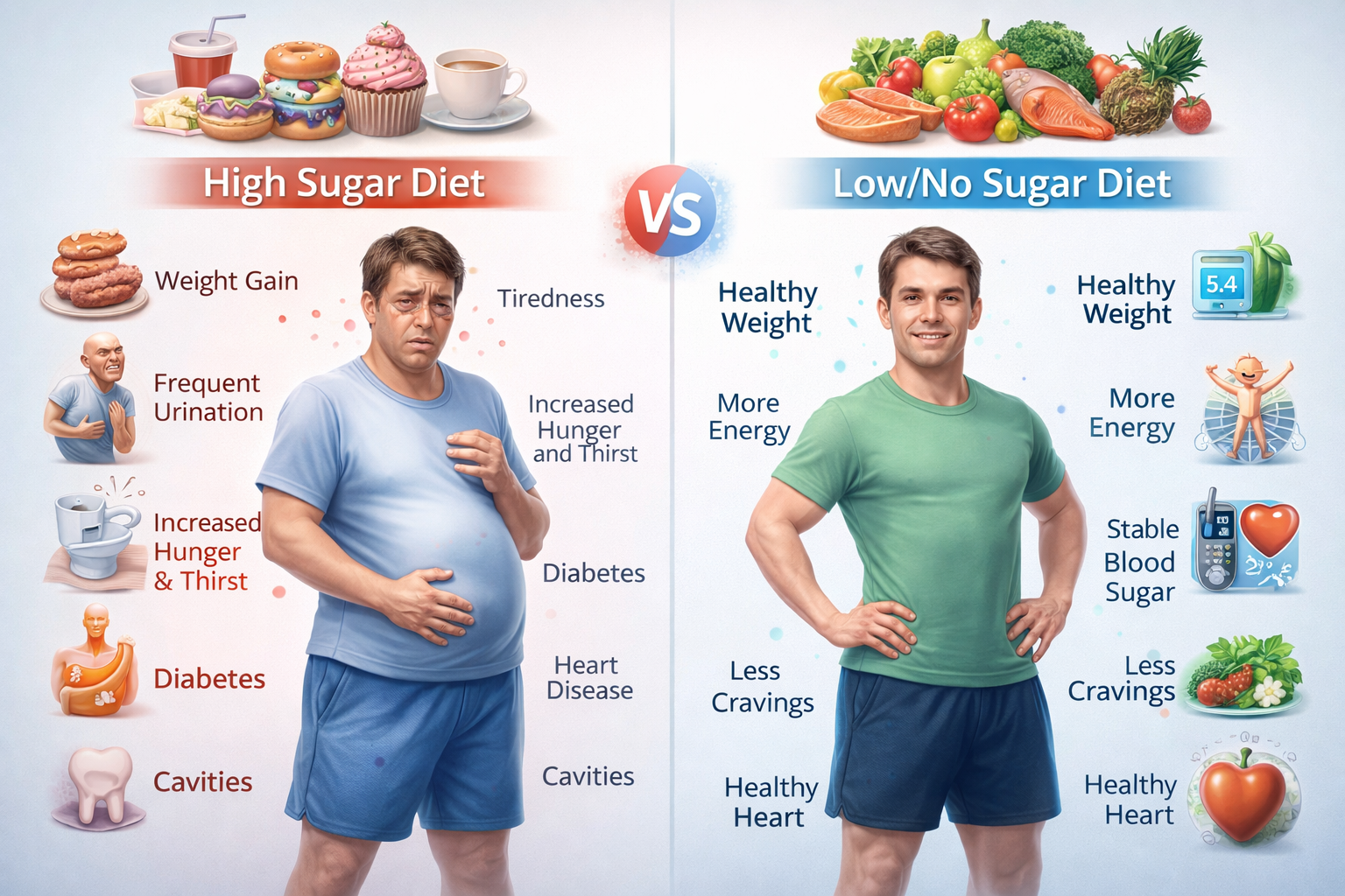 Side-by-side comparison of a diabetic patient showing fatigue, weight gain, and frequent urination versus a healthy non-diabetic person with stable blood sugar, energy, and normal weight.