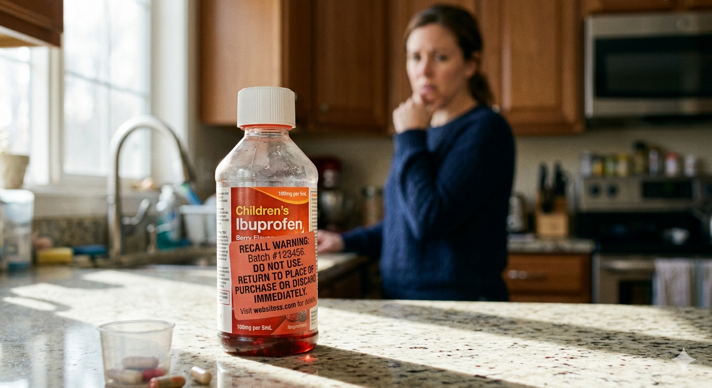 Children’s ibuprofen bottle with recall warning label on packaging