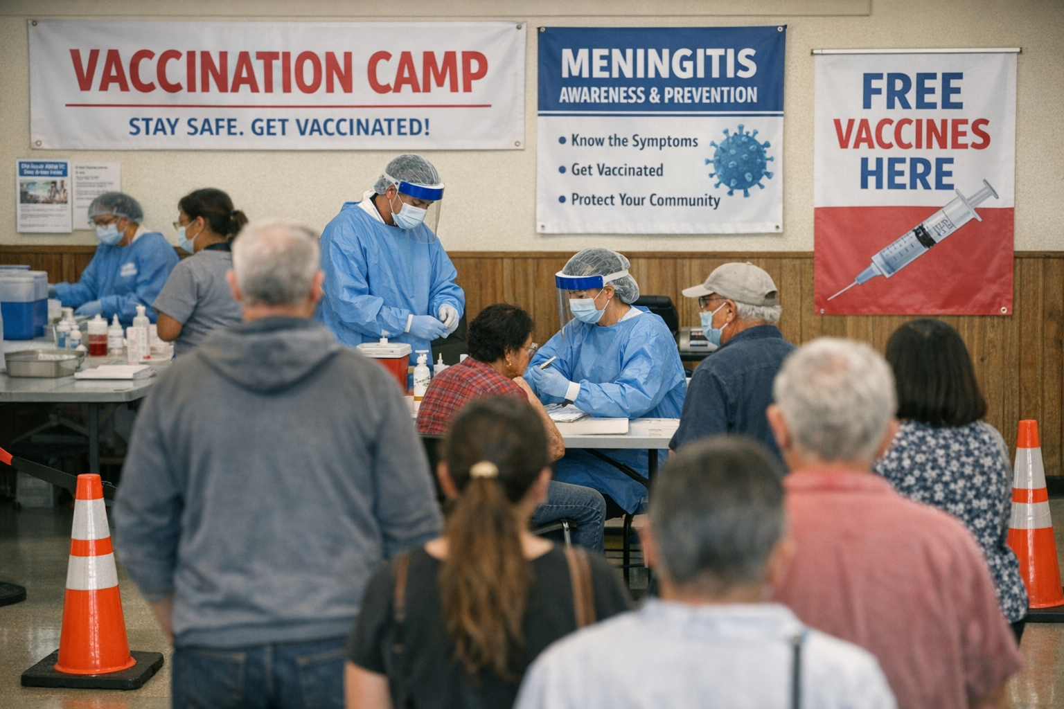 Public health meningitis vaccination camp with healthcare workers and patients