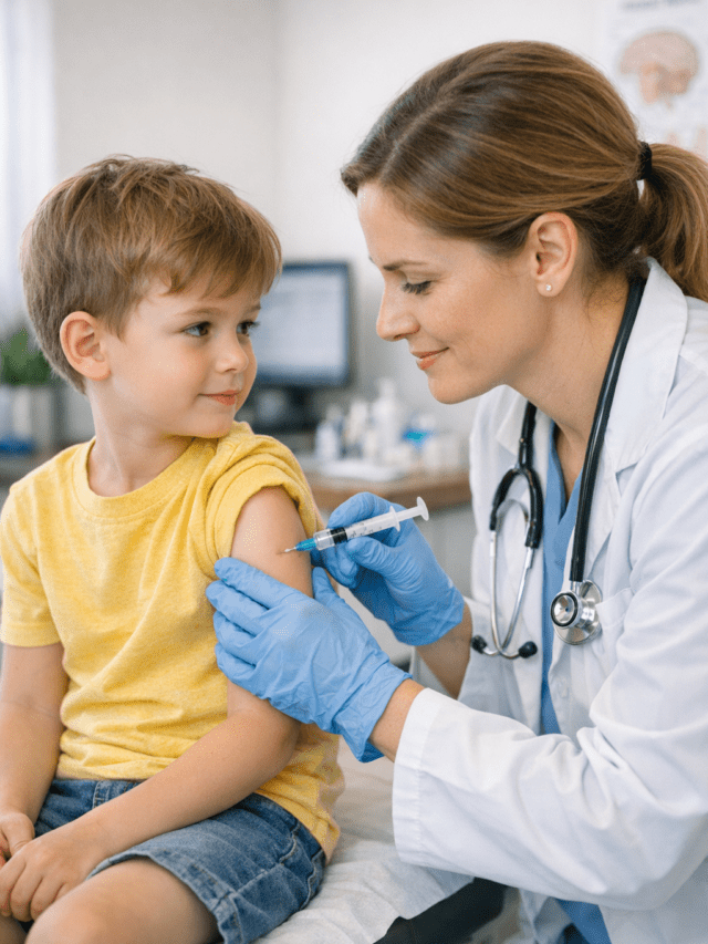 Doctor administering meningitis vaccine to child in clinic for infection prevention