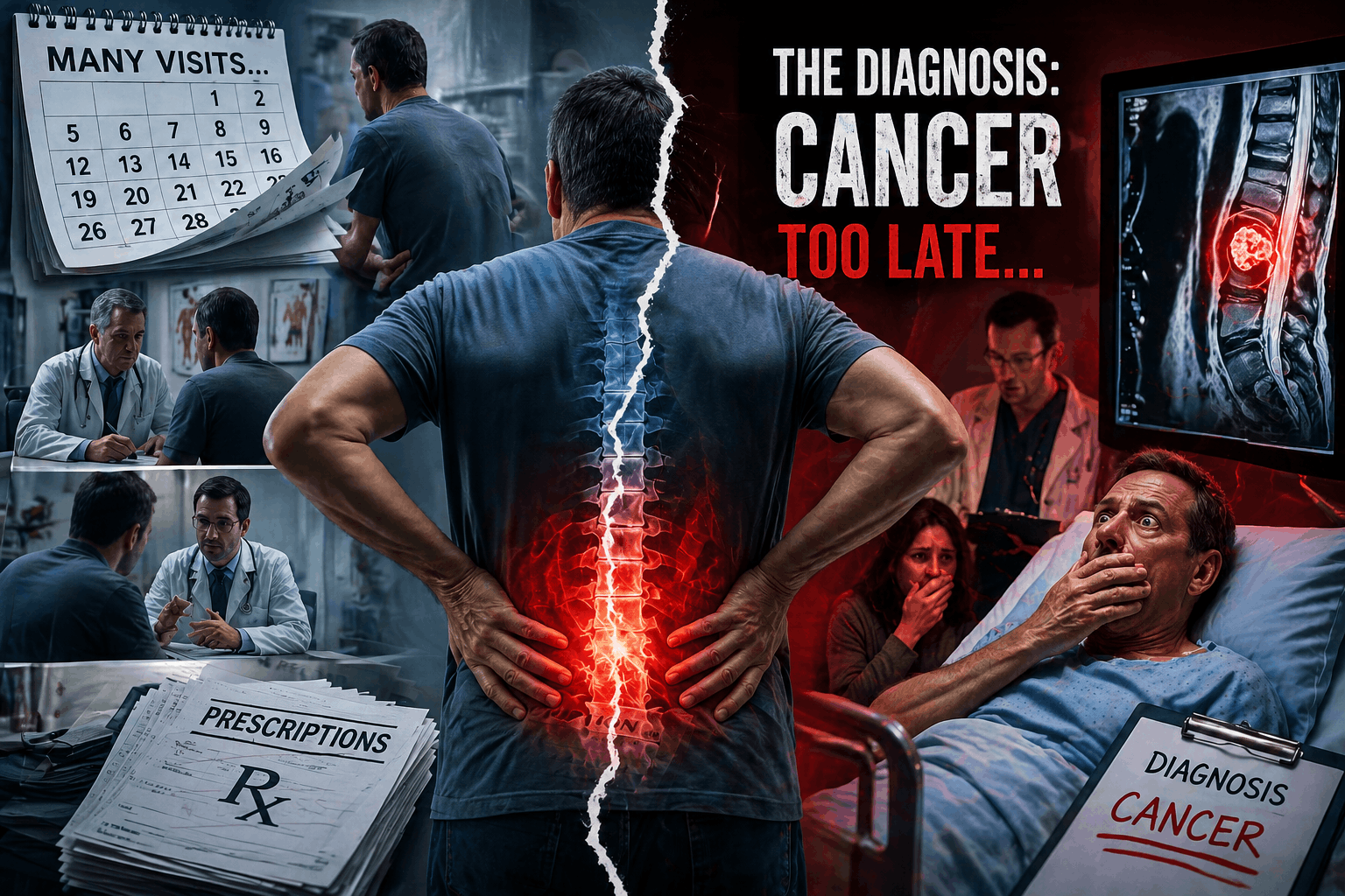 Back pain warning sign of cancer shown in hospital emergency diagnosis scene