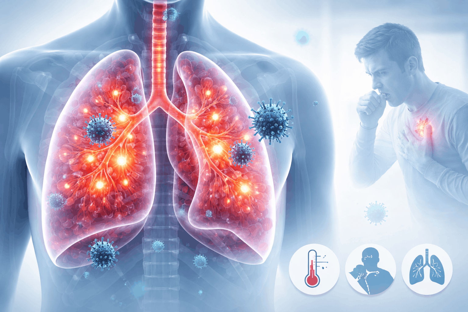Human lungs affected by viral pneumonia with red inflamed alveoli and virus particles entering the respiratory tract.