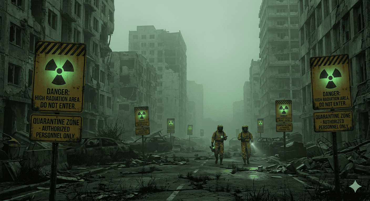 Radioactive fallout zone with abandoned buildings and warning signs