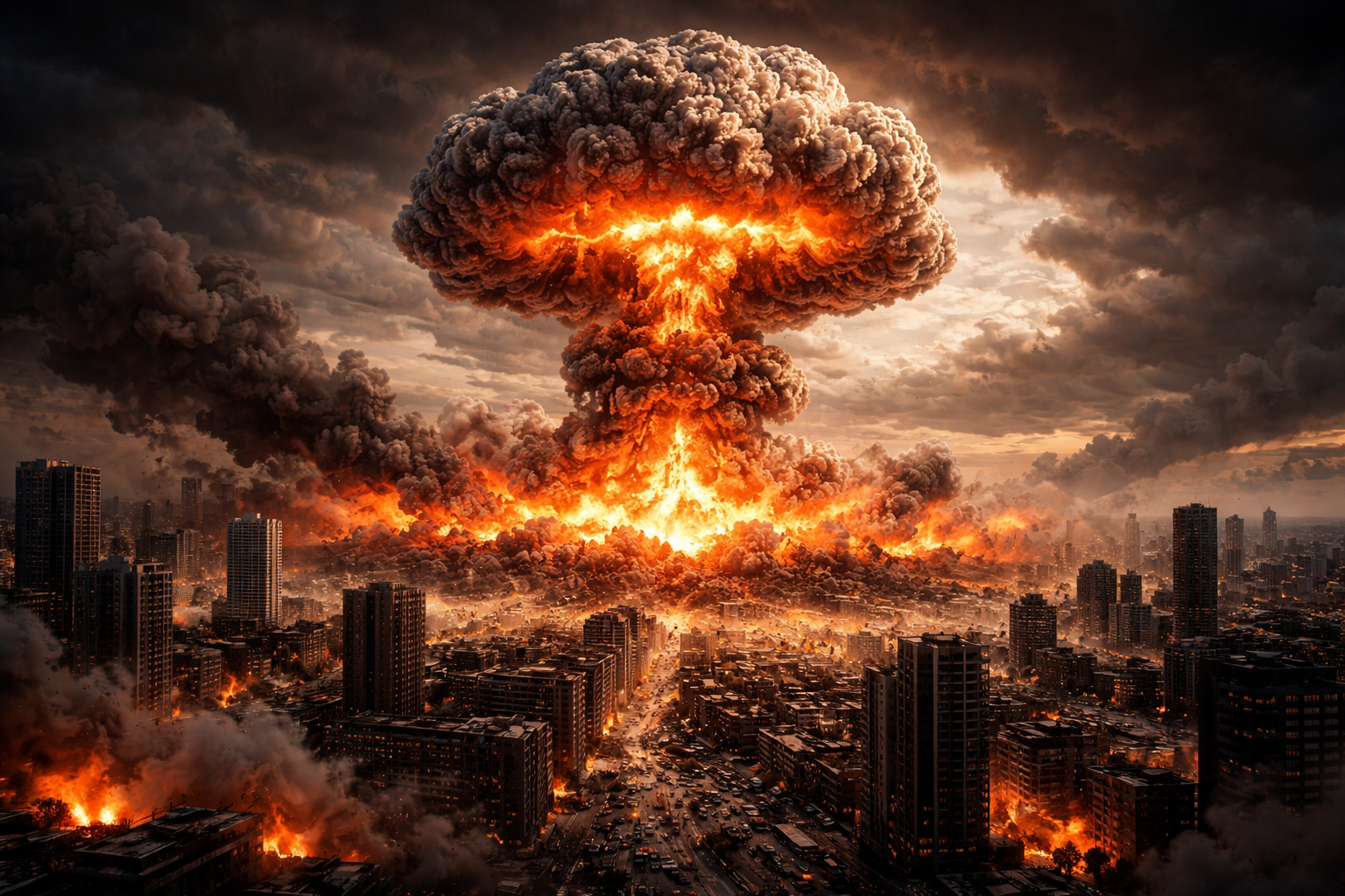 Nuclear explosion destroying a modern city with a massive mushroom cloud