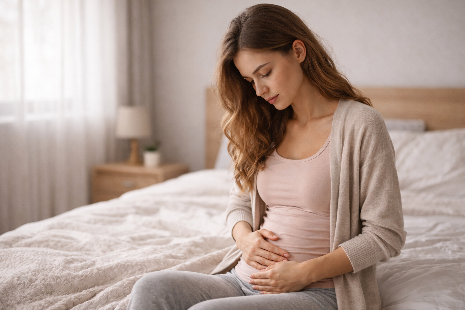 Woman holding lower abdomen at home showing early signs of pregnancy before missed period in a cozy bedroom setting
