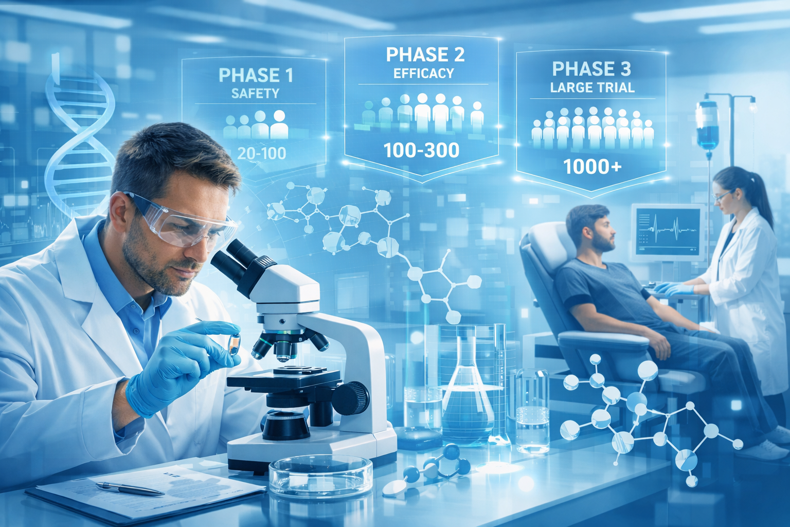 Scientist analyzing an experimental drug in a laboratory with clinical trial phases and patient treatment illustration