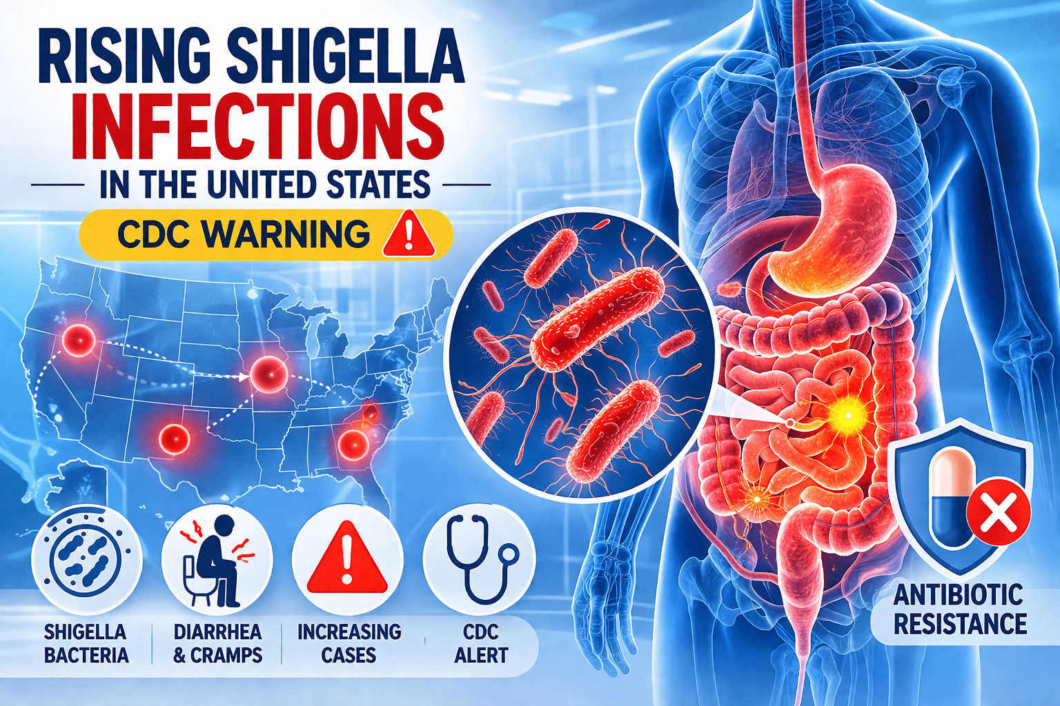 Infographic showing Shigella infection in the intestines with US map and CDC warning