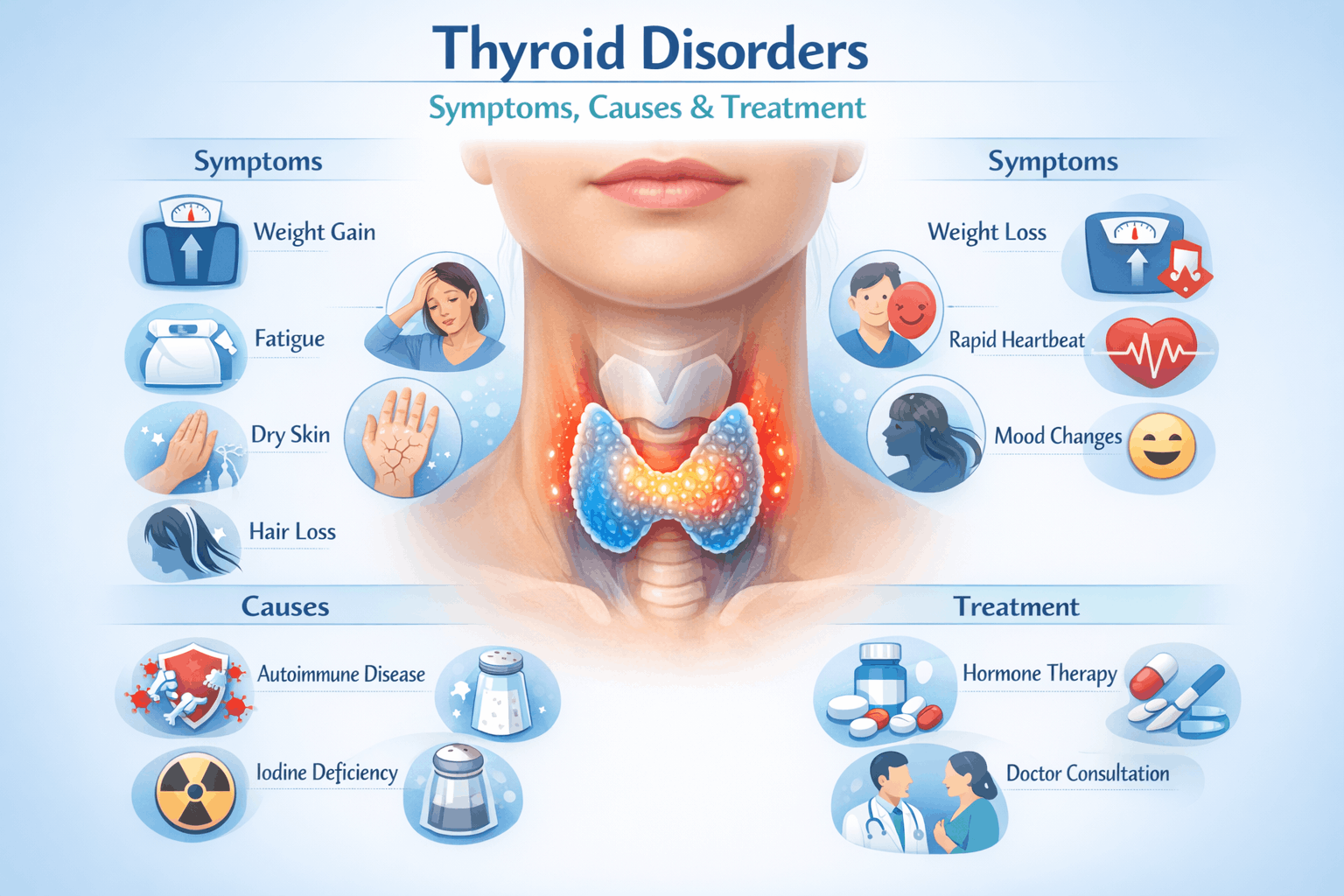 Illustration of thyroid gland showing symptoms causes and treatment of thyroid disorders