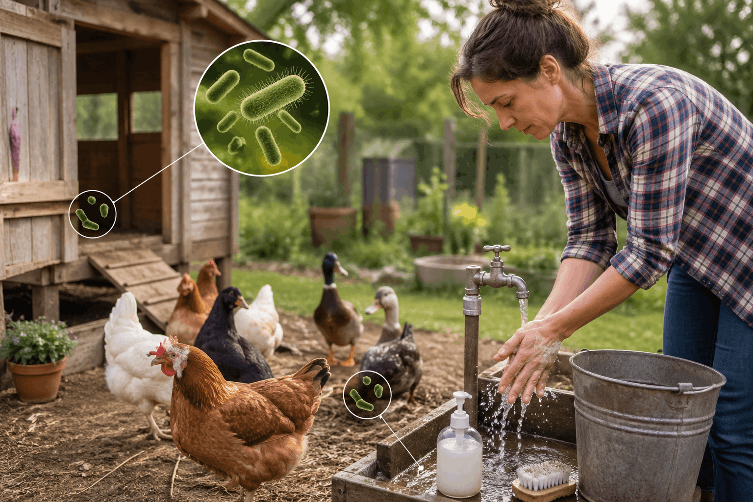Backyard poultry salmonella outbreak showing chickens and ducks with hygiene risk and handwashing prevention