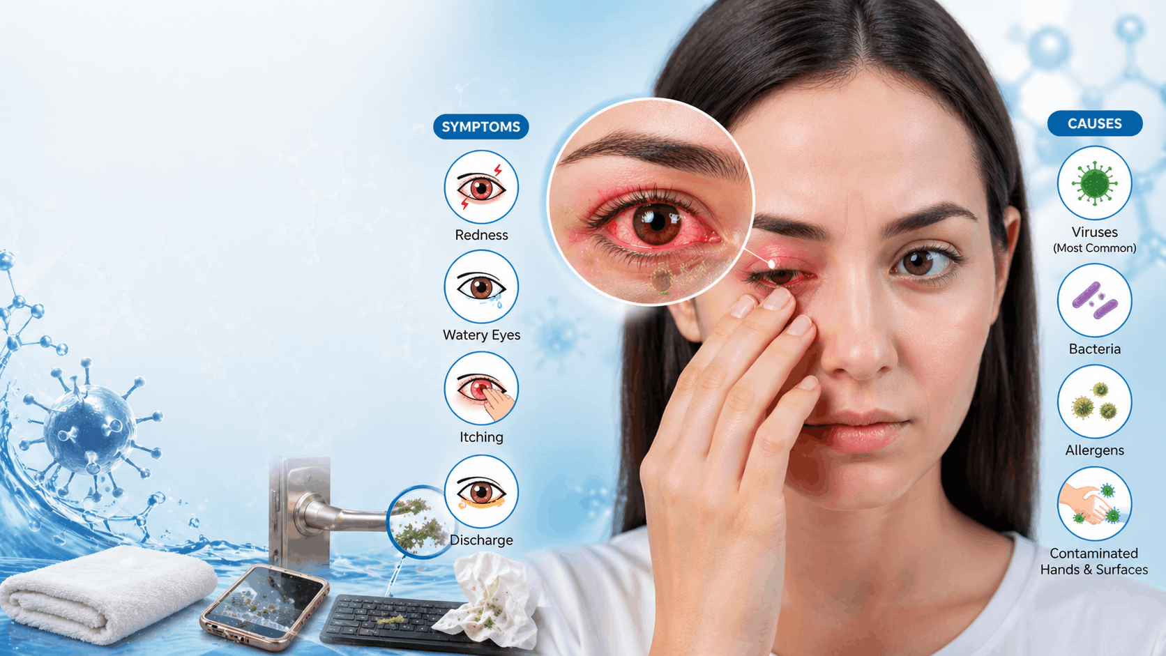Pink Eye (Eye flu) symptoms causes and treatment illustration showing red watery infected eye