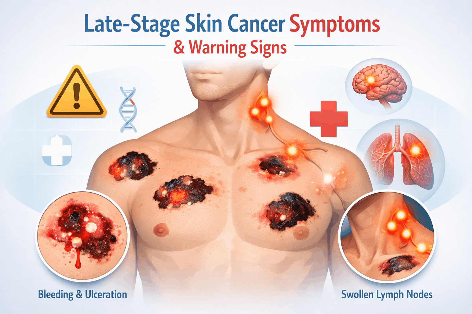 Late stage skin cancer symptoms showing advanced melanoma signs and spread to lymph nodes