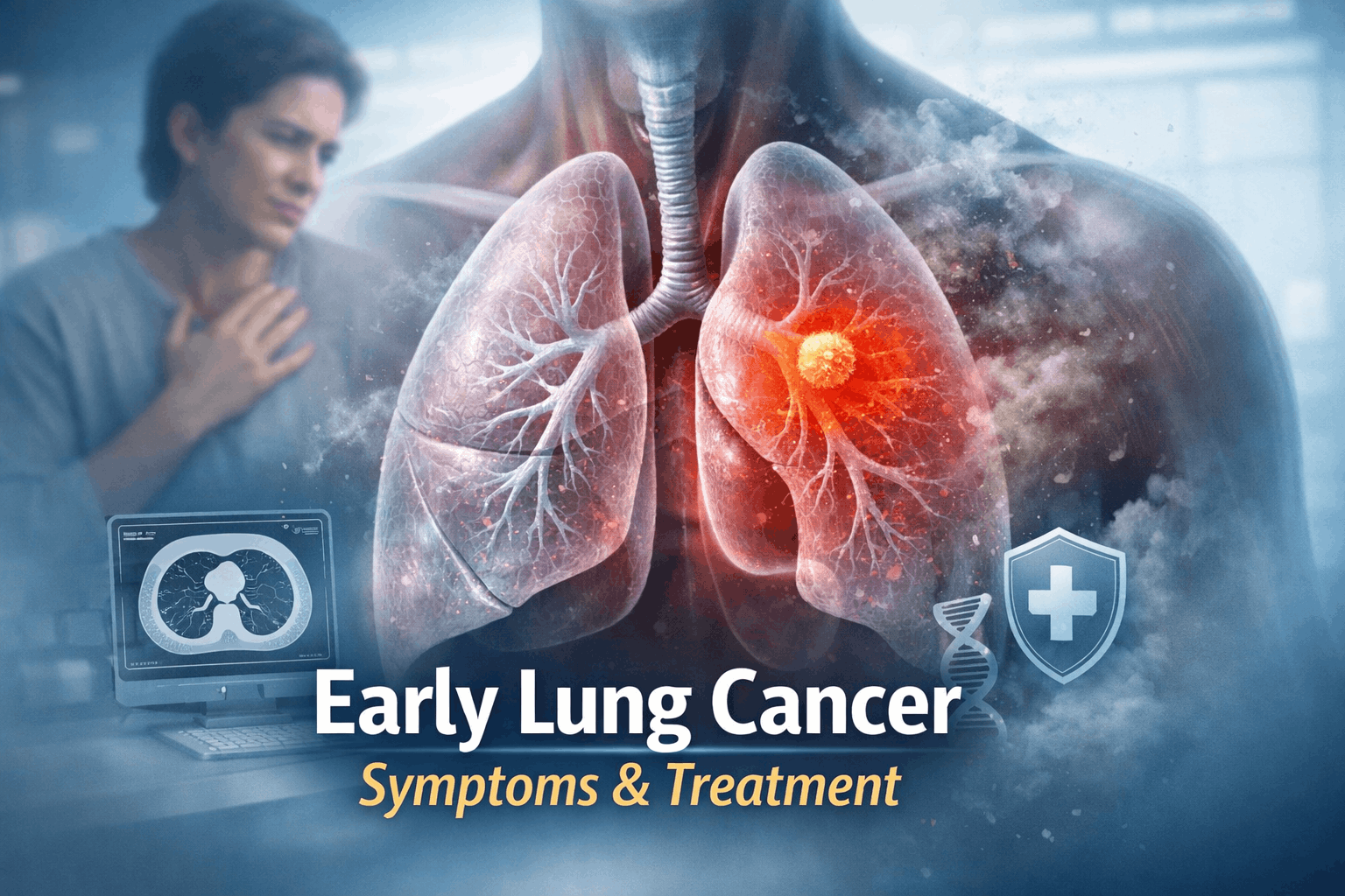 Early stage lung cancer symptoms and treatment illustration showing tumor in lungs